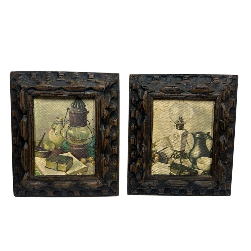 Vtg 60s Henk Bos MCM Textured Still Life Art Prints Dark Wood Frames Set of 2